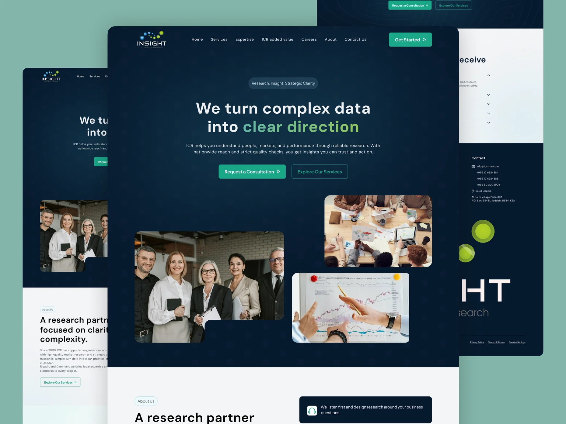 Insight Consultancy & Research desktop pages: home, about and footer