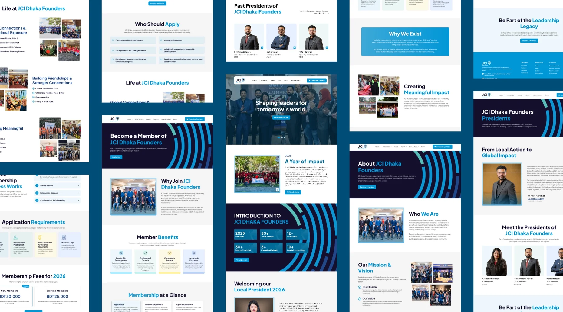 A grid of JCI Dhaka Founders page designs