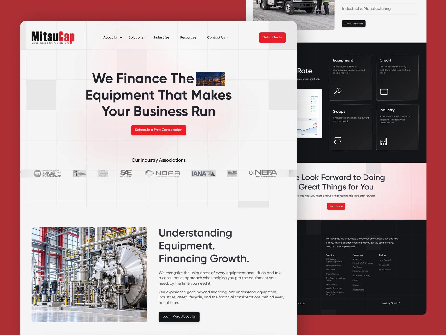 MitsuCap desktop pages: home, rate factors and footer