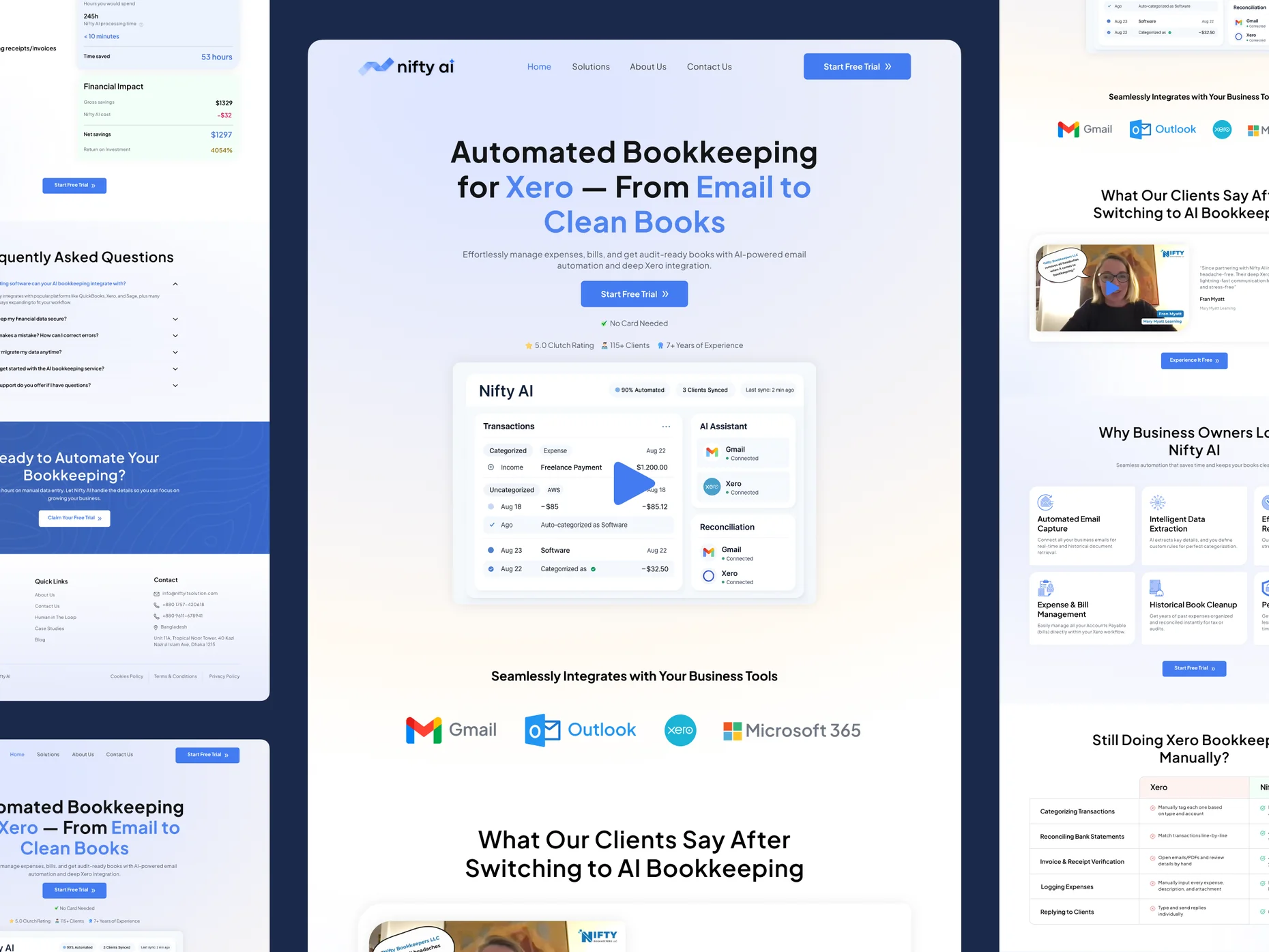 Nifty AI desktop pages: home, integrations, testimonials, features and FAQ