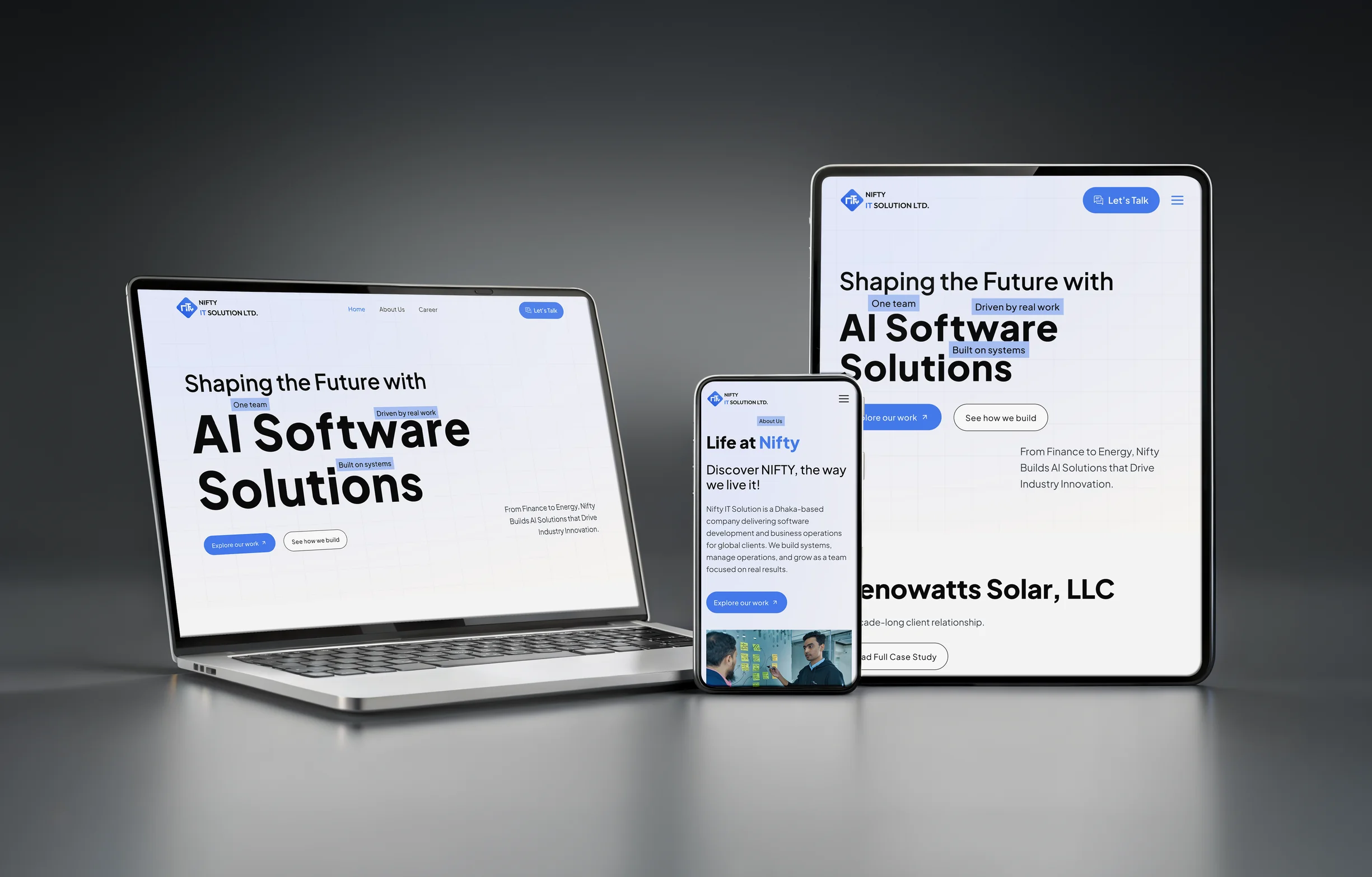 The Nifty IT Solution website on a laptop, a tablet and a phone